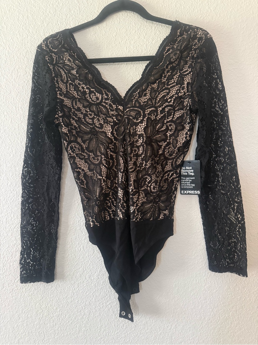 Express Black Lace Long-Sleeve V-Neck Bodysuit with Nude Lining